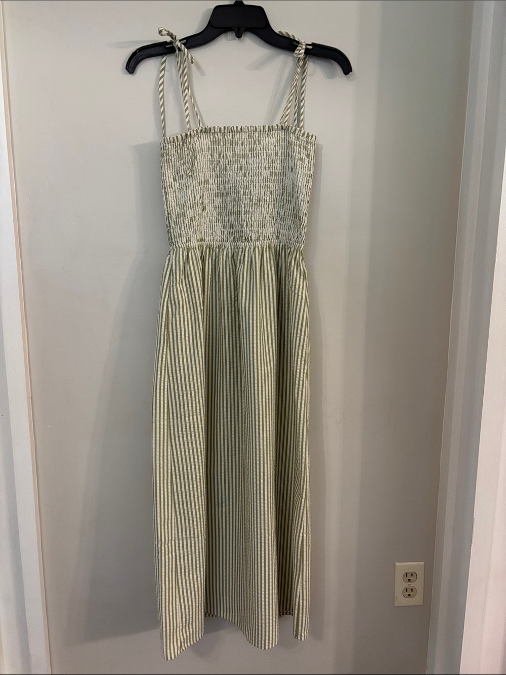 Monteau Green and White Striped Smocked Dress